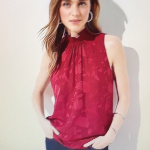 LOFT Tops - LOFT Deep Red Sleeveless High Neck Blouse, smocked neck, size Large